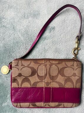 Coach Signature Brown Jacquard Monogram with Purple Leather Trim Wristlet